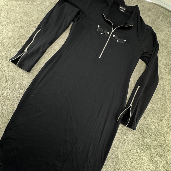 bebe Dresses & Skirts - Bebe Bodycon Dress Womens XL Black Excellent Floral Zip Neck Long Sleeve Midi